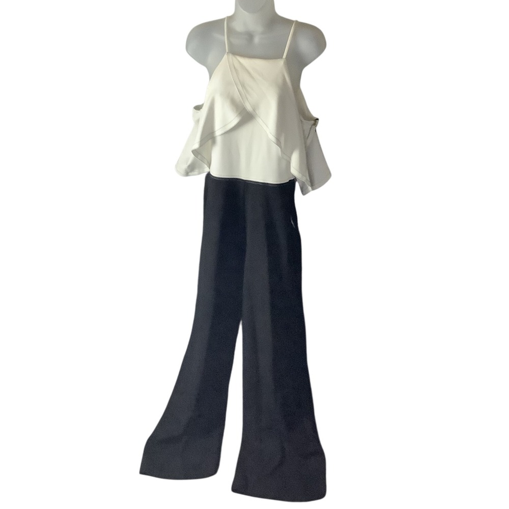 XOXO Women's Wide Leg Jumpsuit Black‎ White Cold Shoulder Ruffle Size XL
